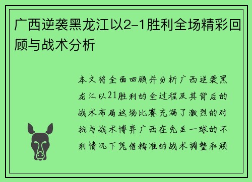 广西逆袭黑龙江以2-1胜利全场精彩回顾与战术分析