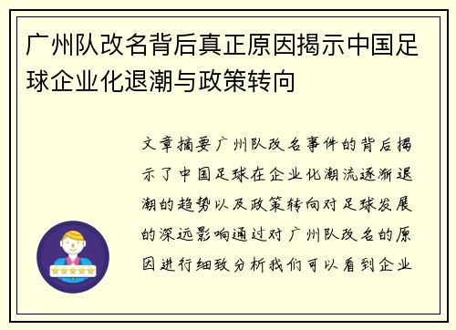 广州队改名背后真正原因揭示中国足球企业化退潮与政策转向