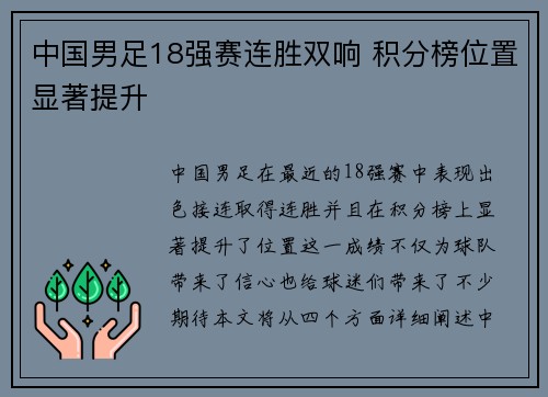 中国男足18强赛连胜双响 积分榜位置显著提升